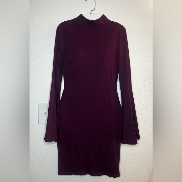 Venus Bell Sleeve Mock Neck Bodycon Dress – Plum Purple – Size M - Picture 1 of 8
